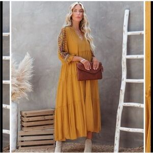 Boho Tiered En Creme Maxi Dress in Mustard